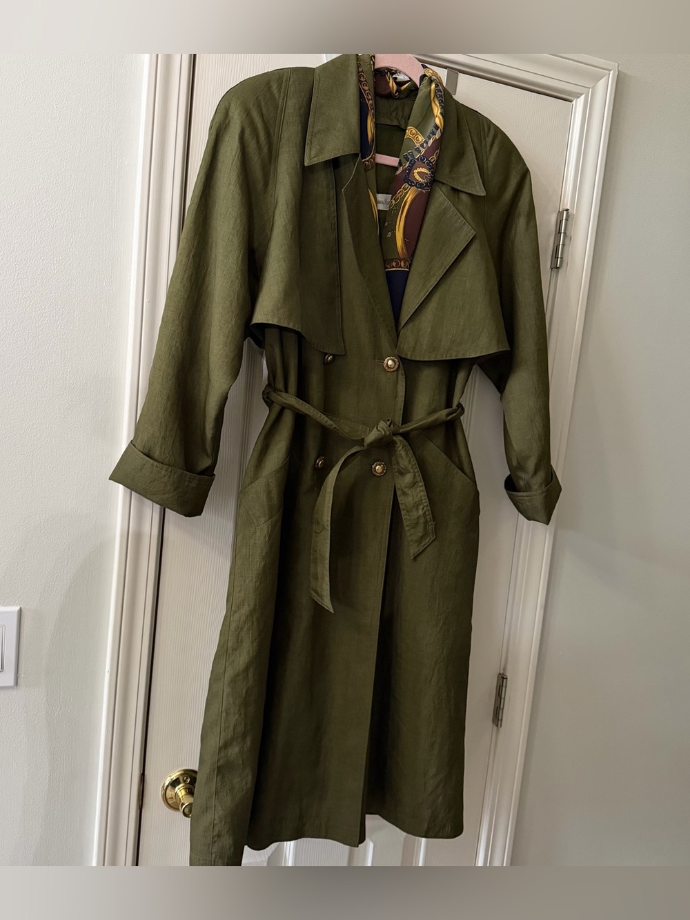 Vtg Neiman Marcus Olive Green Double Breasted Trench Coat + Scarf Set M